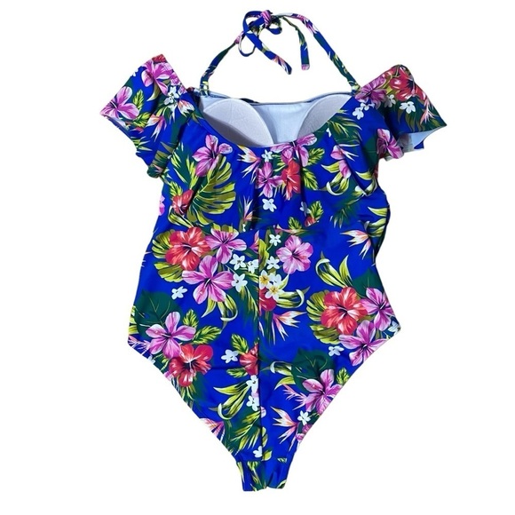 Kona Sol Plus Size Adjustable Tropical Floral One-Piece Swimsuit in Blue Sz 18W - Picture 4 of 6